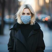 un mujer vistiendo un cara máscara en un ciudad calle generativo ai foto