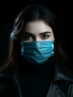 a woman wearing a medical mask on a black background generative ai photo