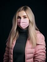 a woman wearing a medical mask on a black background generative ai photo