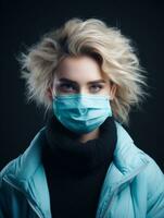 un mujer vistiendo un médico máscara en un oscuro antecedentes generativo ai foto