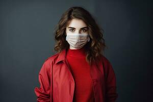 un mujer vistiendo un médico máscara en un oscuro antecedentes generativo ai foto