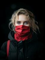 a woman wearing a red face mask generative ai photo