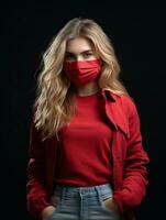 a woman wearing a red face mask on a black background generative ai photo