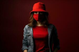 a woman wearing a red mask and a red hat on a red background generative ai photo