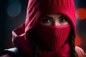 a woman wearing a red hoodie and a red face mask generative ai photo