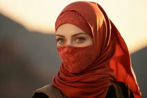 un mujer vistiendo un rojo Pañuelo generativo ai foto