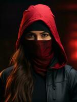 a woman wearing a red hoodie and a black jacket generative ai photo