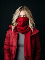 un mujer vistiendo un rojo bufanda terminado su cara generativo ai foto