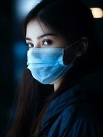 a woman wearing a surgical mask in a dark room generative ai photo