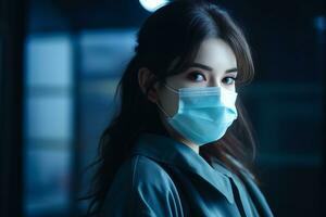 a woman wearing a surgical mask in a dark room photo