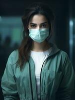 a woman wearing a surgical mask in a dark room generative ai photo