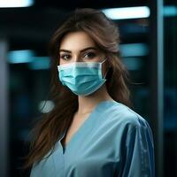 a woman wearing a surgical mask in an office generative ai photo