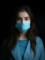 a woman wearing a surgical mask in front of a black background generative ai photo