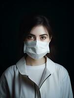a woman wearing a surgical mask in front of a black background generative ai photo