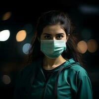 a woman wearing a surgical mask in the dark generative ai photo