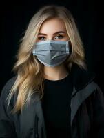 a woman wearing a surgical mask on a black background generative ai photo