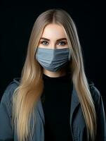 a woman wearing a surgical mask on a black background generative ai photo
