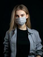 a woman wearing a surgical mask on a black background generative ai photo