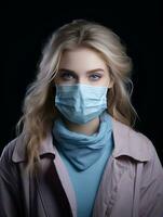 a woman wearing a surgical mask on a black background generative ai photo