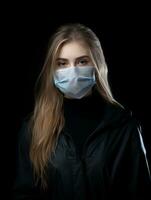 a woman wearing a surgical mask on a black background generative ai photo