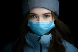 a woman wearing a surgical mask on a black background generative ai photo