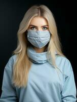 a woman wearing a surgical mask on a black background generative ai photo