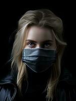 a woman wearing a surgical mask on a black background generative ai photo