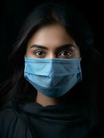 a woman wearing a surgical mask on a black background generative ai photo