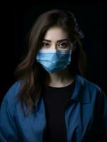 a woman wearing a surgical mask on a black background generative ai photo