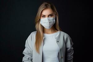 a woman wearing a surgical mask on a black background generative ai photo