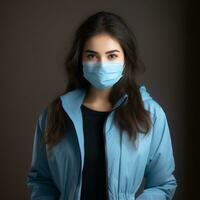 a woman wearing a surgical mask on a dark background generative ai photo