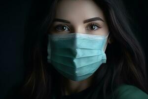 a woman wearing a surgical mask on a dark background generative ai photo