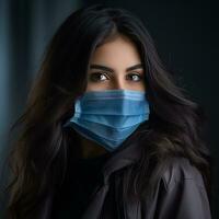 a woman wearing a surgical mask on a dark background generative ai photo