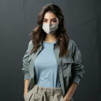 a woman wearing a surgical mask on a dark background generative ai photo