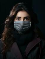 un mujer vistiendo un quirúrgico máscara en un oscuro antecedentes generativo ai foto