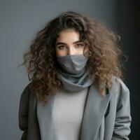 a woman with curly hair wearing a face mask generative ai photo