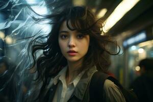 a woman with long hair standing in front of a subway train photo