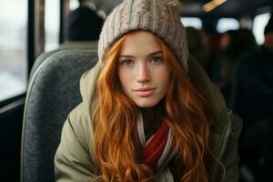 un mujer con rojo pelo sentado en un autobús foto