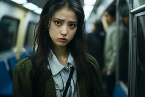 a young asian woman is standing on a subway train generative ai photo