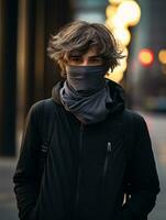 a young man wearing a face mask on a city street generative ai photo