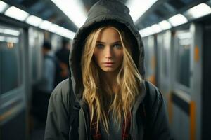 a young woman in a hooded jacket standing in a subway generative ai photo