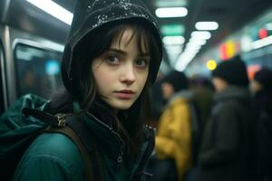 a young woman in a hooded jacket standing on a subway platform photo