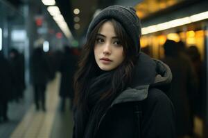 a young woman in a winter coat standing in a subway station generative ai photo