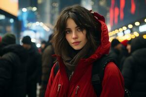a young woman in a red coat standing in the middle of a crowded city generative ai photo