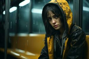 a young woman in a yellow jacket sitting on a bus generative ai photo