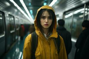 a young woman in a yellow raincoat standing in a subway generative ai photo