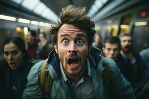 un imagen de un hombre en un subterraneo tren con su boca amplio abierto generativo ai foto