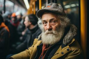 un antiguo hombre con un barba sentado en un autobús foto