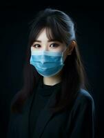 asian woman wearing a surgical mask on a black background generative ai photo