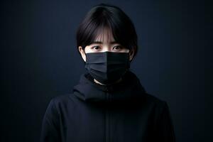 asian woman wearing a face mask on a dark background generative ai photo